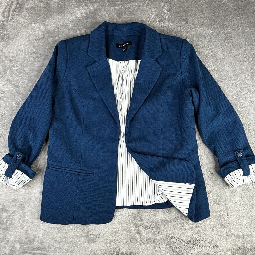 41 Hawthorn Blazer Jacket Women L Blue Teal Natalie Knit Contrast Cuffs Roll Tab